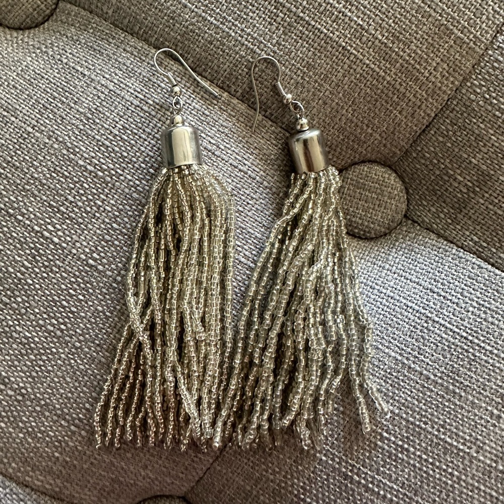 Silver beaded tassel earrings